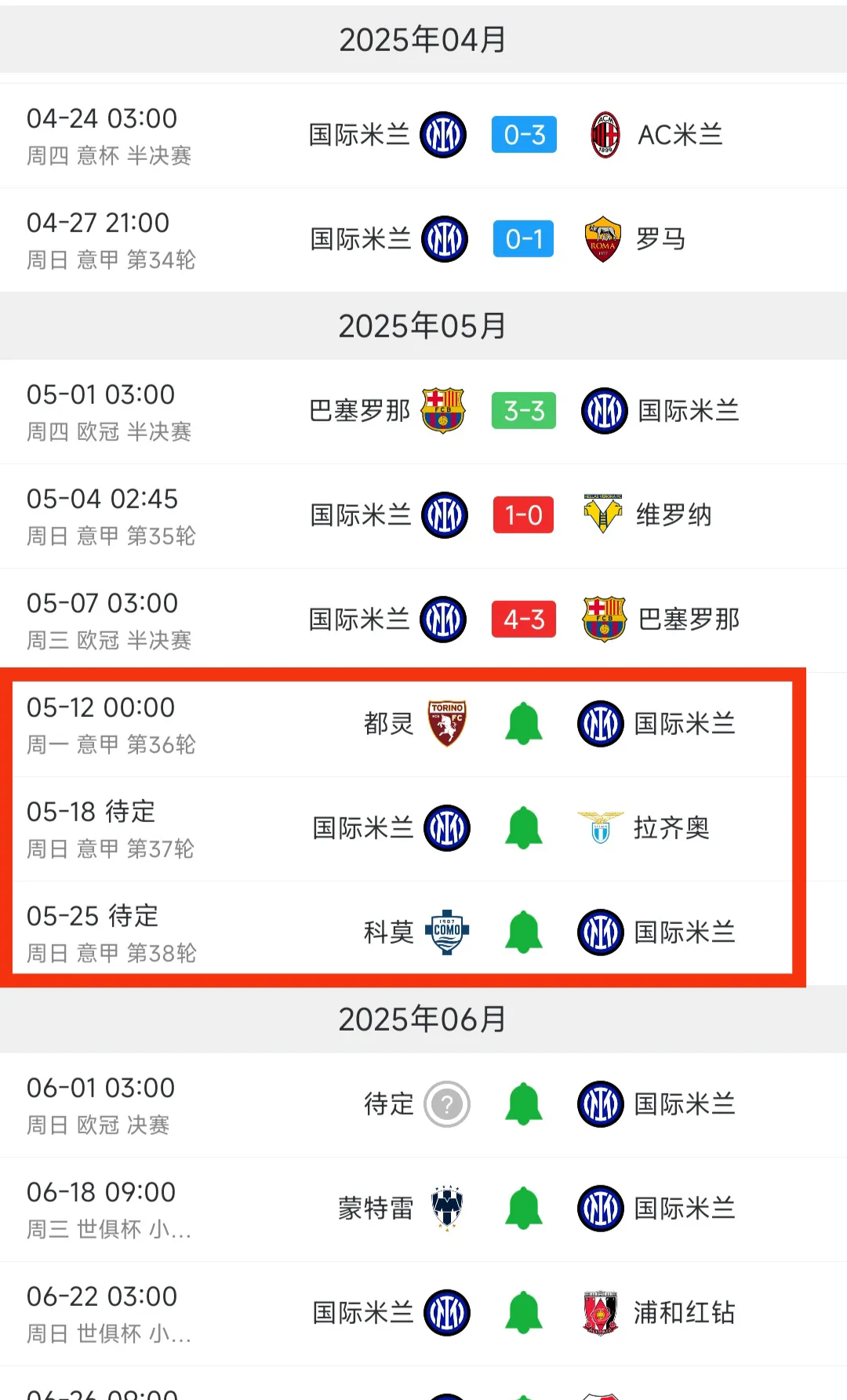 包含国际米兰连胜六场，积分榜上高居一席的词条